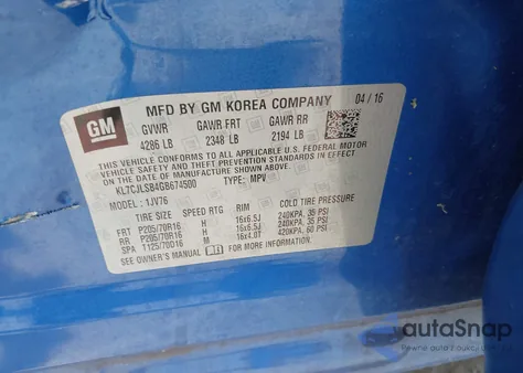 2016 Chevrolet Trax 1Lt from USA, damaged, VIN KL7CJLSB4GB674500